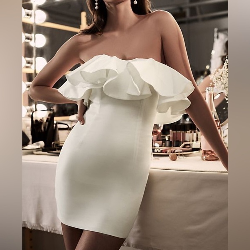 NWT Ivory White Bardot Strapless Taffeta Ruffle Mini Dress Size US 10